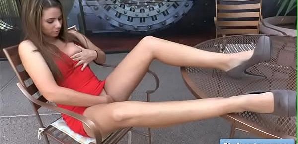 Sexy natural big tit blonde teen amateur Aveline finger fuck her juicy wet pussy in public and enjoy strong orgasm